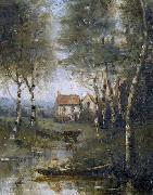 Jean-Baptiste-Camille Corot La riviere en bateau et la maison Spain oil painting artist